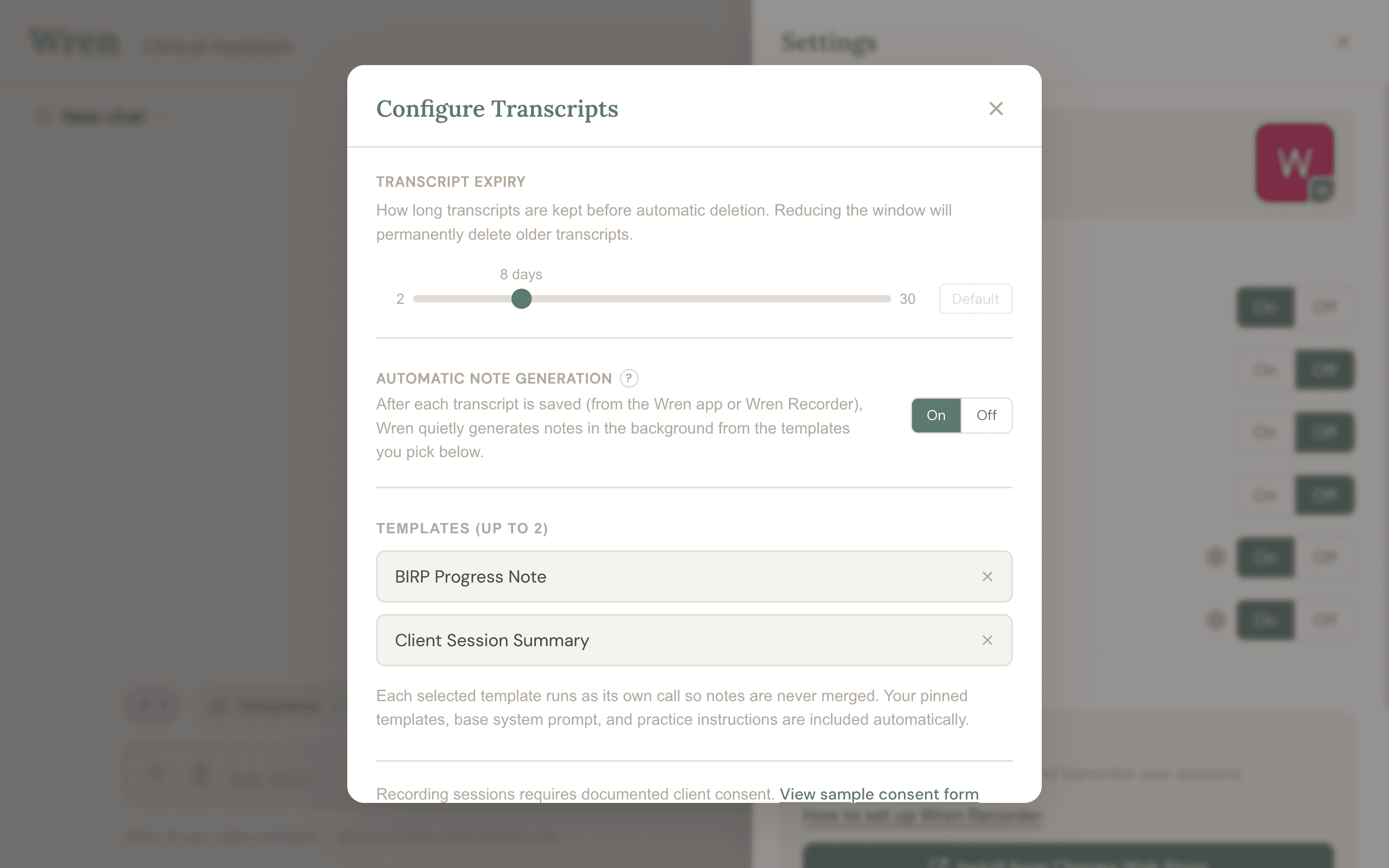 Automatic note generation settings