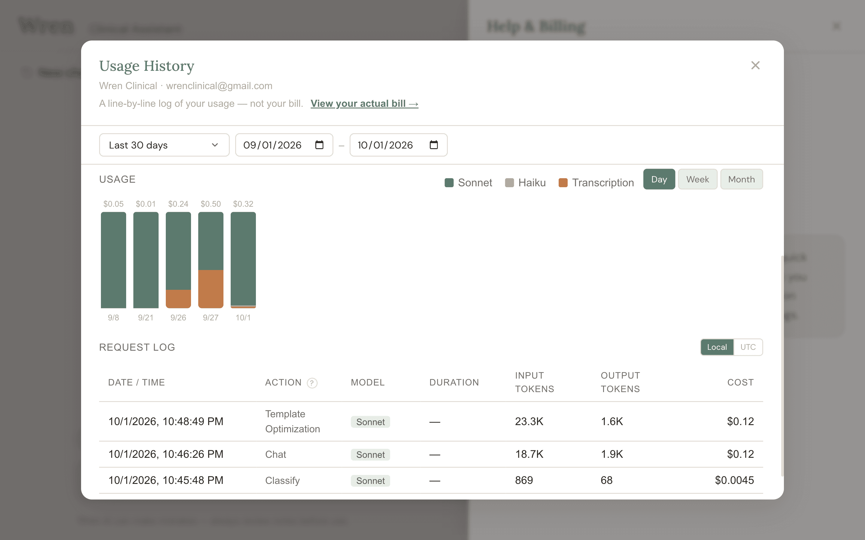 Usage dashboard showing cost breakdown